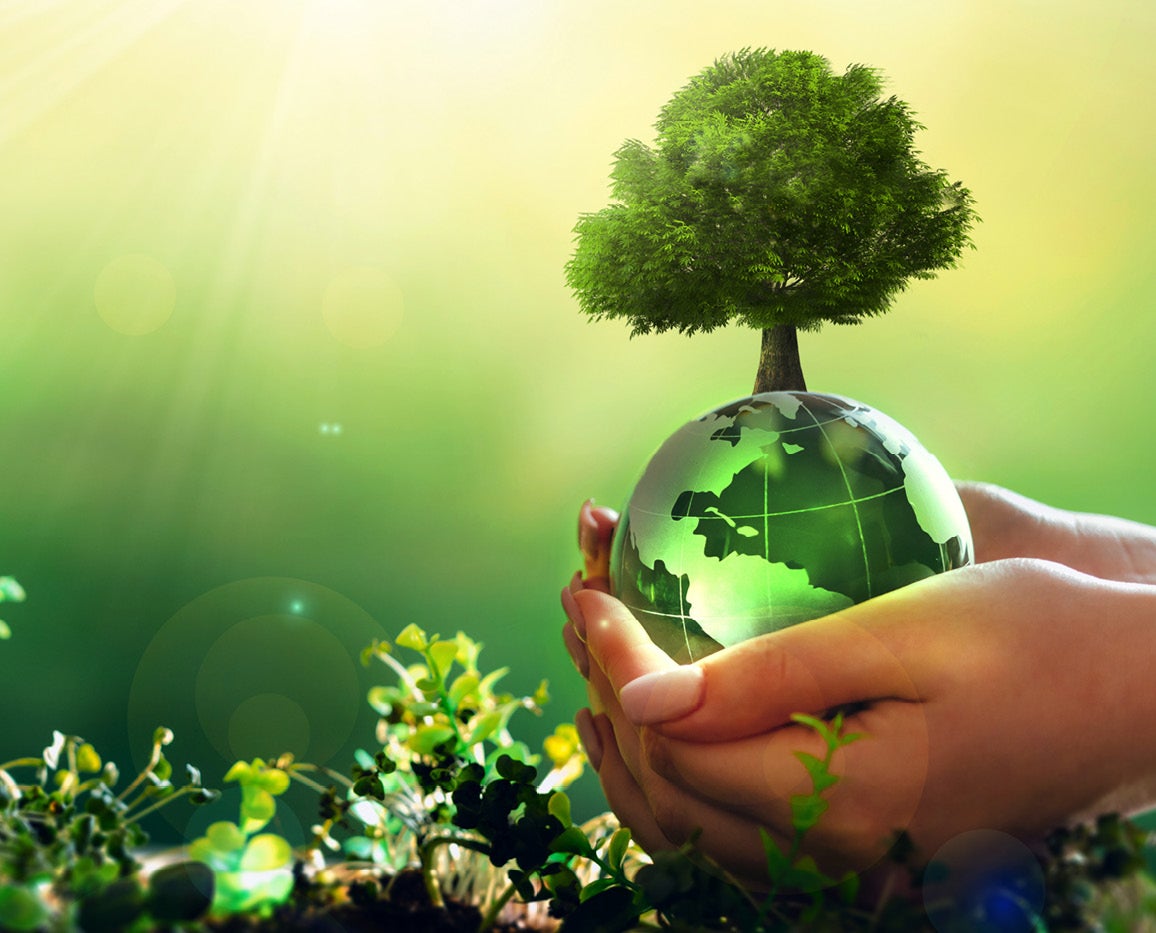 Hands lifting up the world with a bright green tree giving off clean air