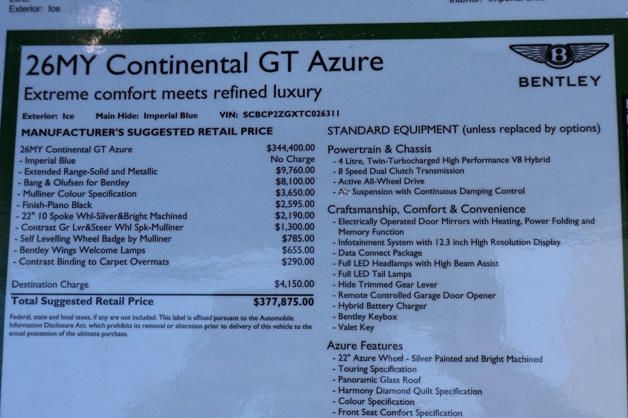 2026 Bentley Continental GT Azure Azure