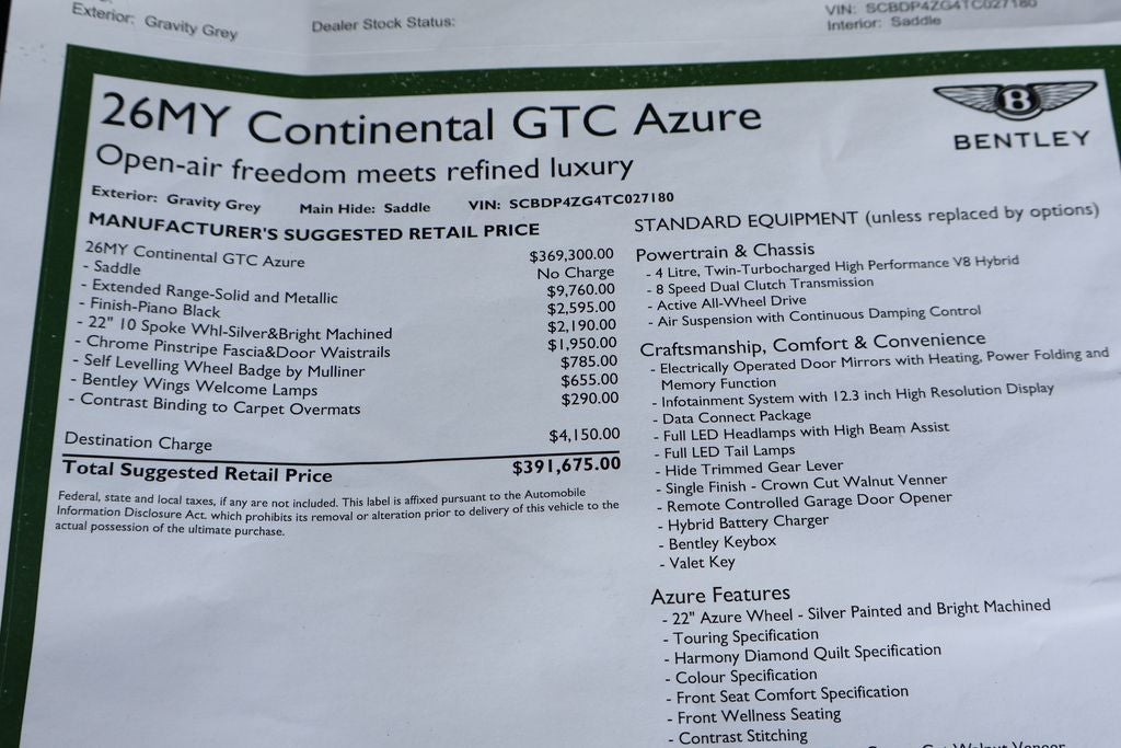 2026 Bentley Continental GTC Azure